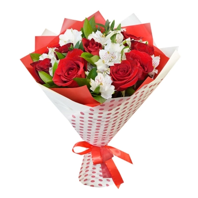 Букет из красных роз и белоснежных альстромерий – гармония страсти и нежности Бокситогорск Ленинградская область Букет из красных роз и белоснежных альстромерий – гармония страсти и нежности Бокситогорск Ленинградская область