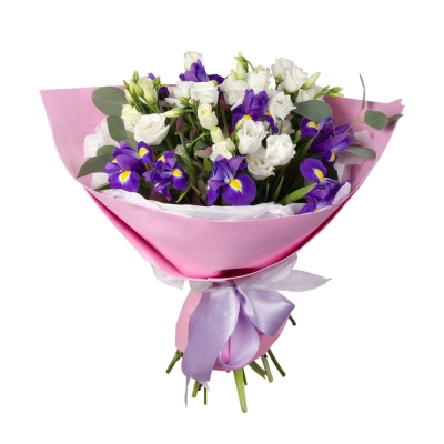 Букет «Подарок» – элегантная композиция из ирисов, эустом и эвкалипта Бокситогорск Ленинградская область Букет «Подарок» – элегантная композиция из ирисов, эустом и эвкалипта Бокситогорск Ленинградская область