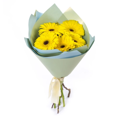 Яркий букет из 5 жёлтых гербер – как кусочек солнца в ваших руках Бокситогорск Ленинградская область Яркий букет из 5 жёлтых гербер – как кусочек солнца в ваших руках Бокситогорск Ленинградская область