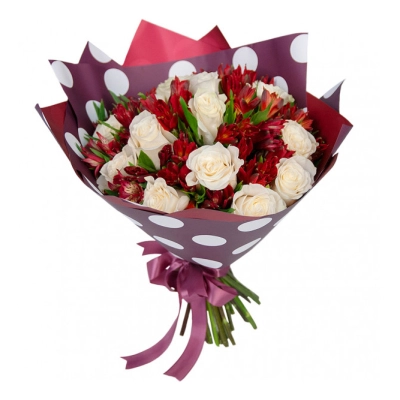 Букет из белых роз и красных альстромерий – гармония страсти и чистоты Бокситогорск Ленинградская область Букет из белых роз и красных альстромерий – гармония страсти и чистоты Бокситогорск Ленинградская область