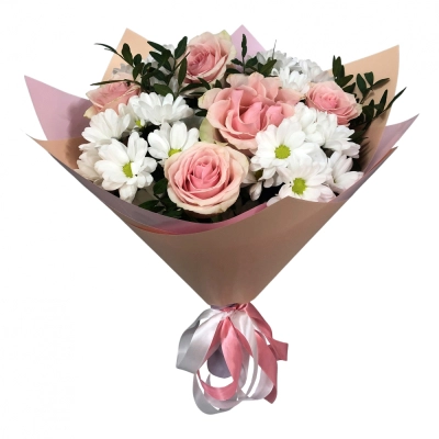 Букет из розовых роз и хризантем – нежность и долговечность Бокситогорск Ленинградская область Букет из розовых роз и хризантем – нежность и долговечность Бокситогорск Ленинградская область