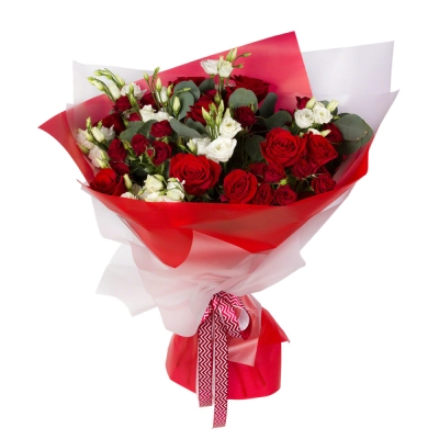 Контрастный букет «Рандеву» – красные розы и белые эустомы Бокситогорск Ленинградская область Контрастный букет «Рандеву» – красные розы и белые эустомы Бокситогорск Ленинградская область